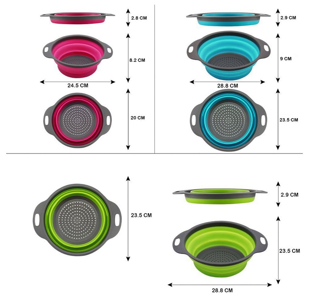 TUWENA Abfluss-Siebkörbchen 3 Stück Faltbares Silikon Sieb Set - Klappbarer zum Abtropfen, (3-St), für Küche, Camping und Salate von Nudeln, Gemüse, Obst Bild 2