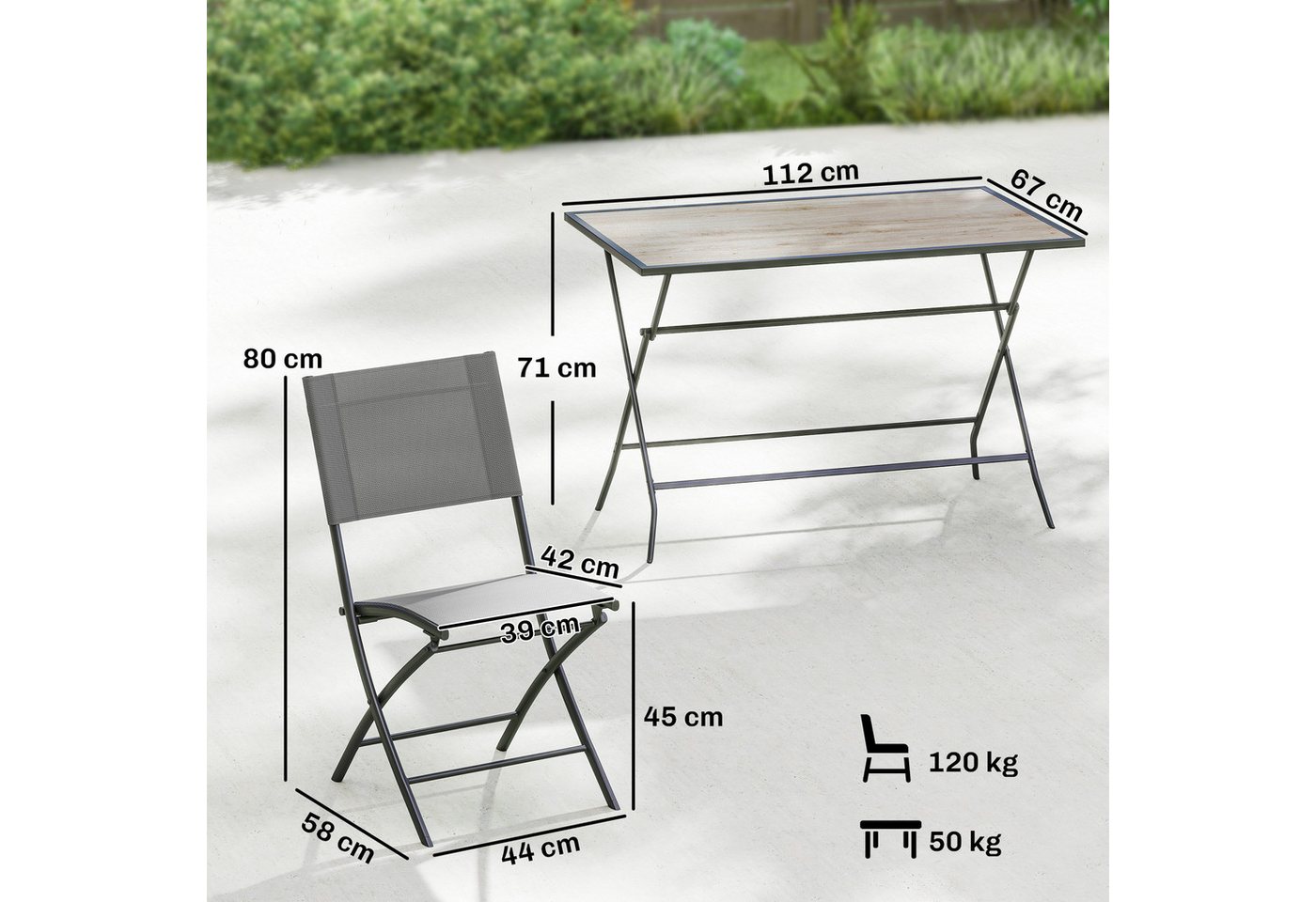 Outsunny Garten-Essgruppe mit 4 Atmungsaktiven Stühlen, Holzoptik, (Klappbar Sitzgruppe, 5-tlg., Gartenmöbel Set), für Garten Balkon Terrasse Grau