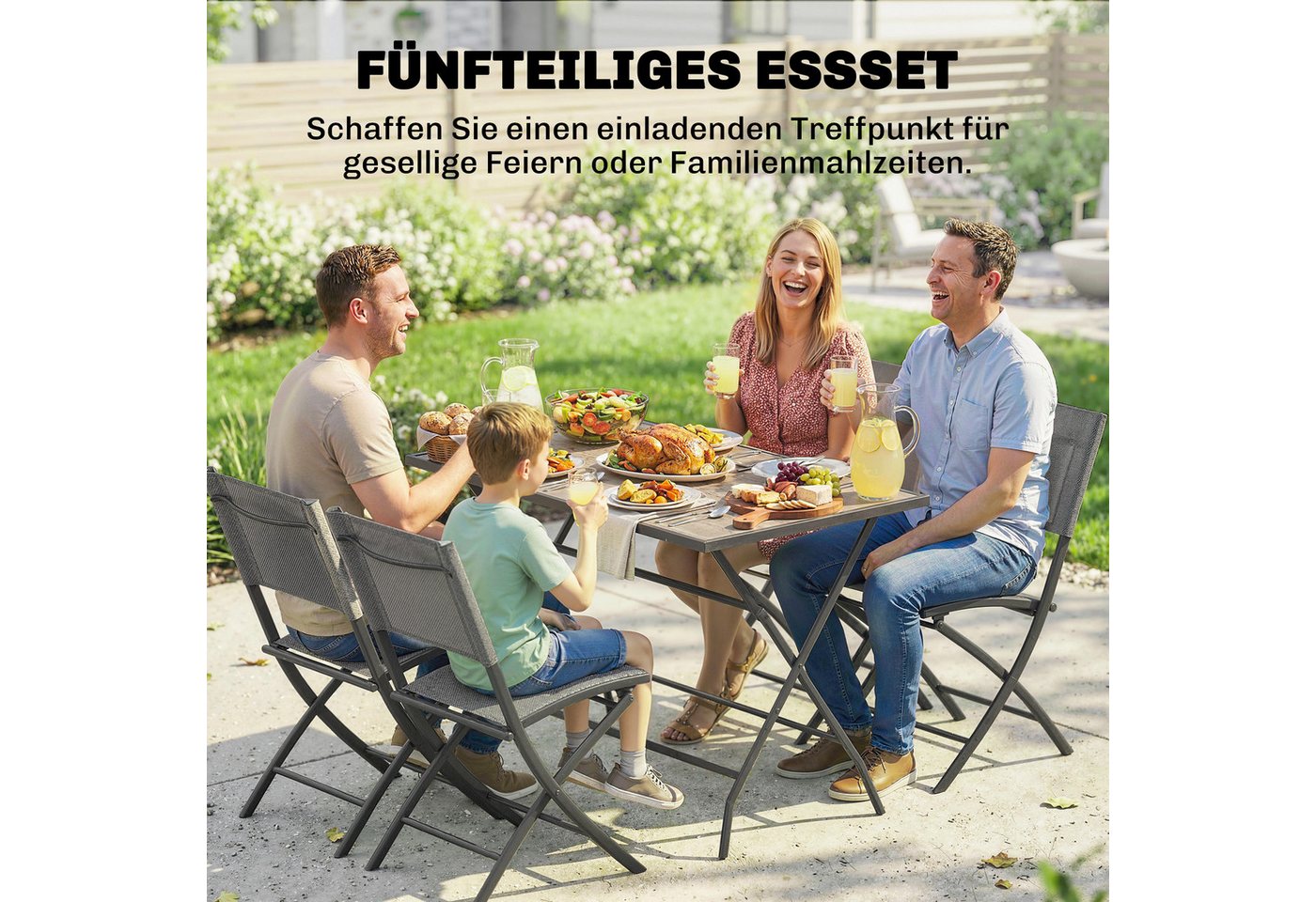 Outsunny Garten-Essgruppe mit 4 Atmungsaktiven Stühlen, Holzoptik, (Klappbar Sitzgruppe, 5-tlg., Gartenmöbel Set), für Garten Balkon Terrasse Grau Bild 2