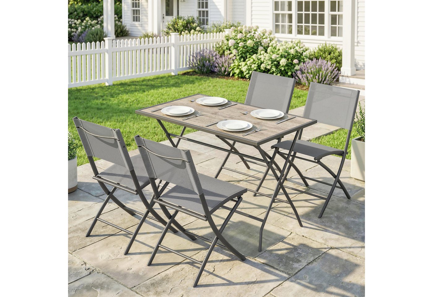 Outsunny Garten-Essgruppe mit 4 Atmungsaktiven Stühlen, Holzoptik, (Klappbar Sitzgruppe, 5-tlg., Gartenmöbel Set), für Garten Balkon Terrasse Grau Bild 4