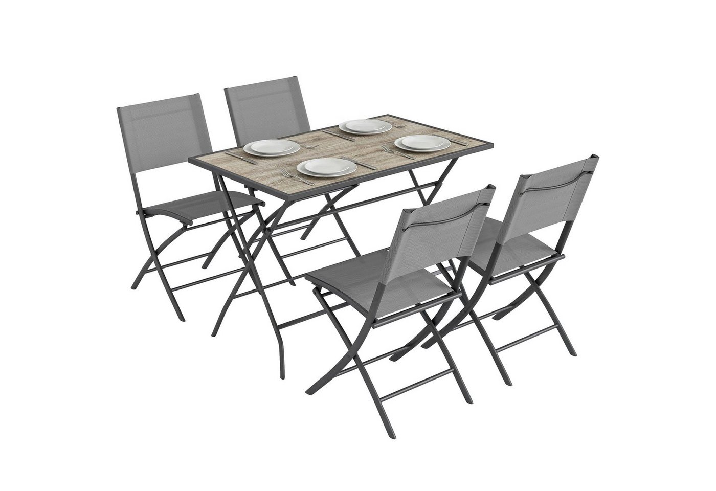 Outsunny Garten-Essgruppe mit 4 Atmungsaktiven Stühlen, Holzoptik, (Klappbar Sitzgruppe, 5-tlg., Gartenmöbel Set), für Garten Balkon Terrasse Grau Bild 5