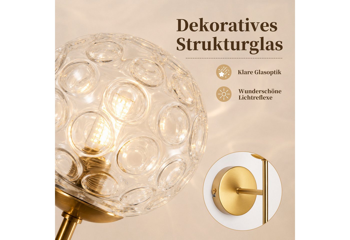 Nettlife Wandleuchte Gold Glaskugel 24cm G9 Vintage Wandbeleuchtung aus Metall, ohne Leuchtmittel, für Wohnzimmer Flur Schlafzimmer Dekorative Wandlampe