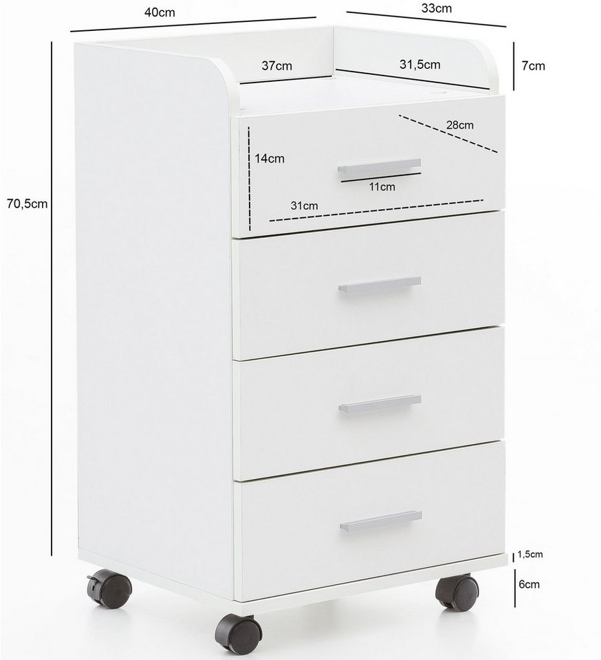 Wohnling Rollcontainer Weiß 70,5 cm Standcontainer Bürocontainer Schreibtisch WL5.748, (Schreibtischcontainer 40x70,5x33 cm Weiß), Rollschrank 4 Schubladen, Bürocontainer mit Rollen