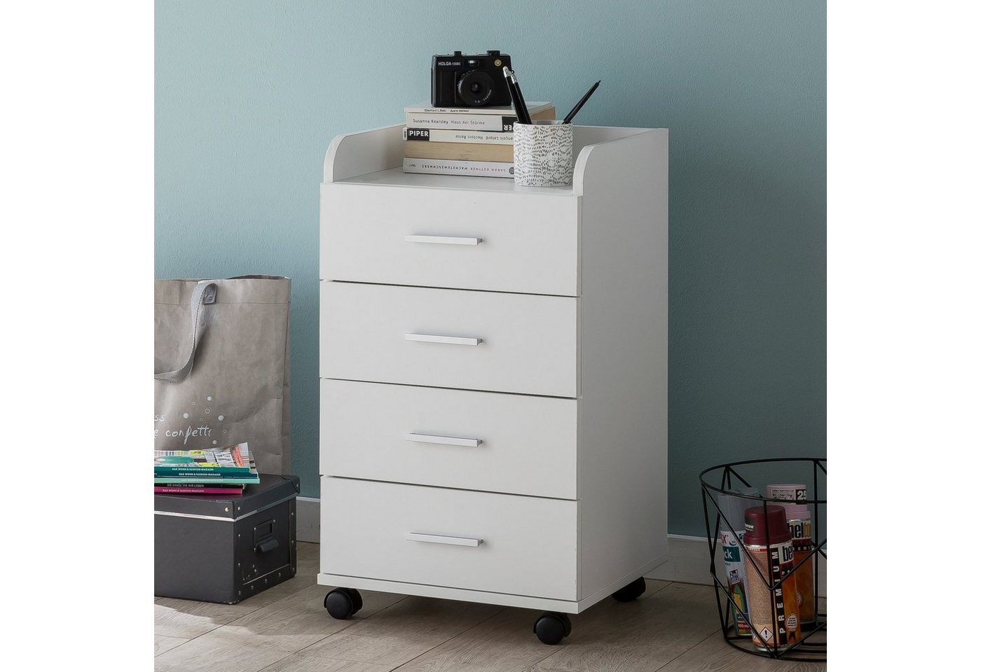 Wohnling Rollcontainer Weiß 70,5 cm Standcontainer Bürocontainer Schreibtisch WL5.748, (Schreibtischcontainer 40x70,5x33 cm Weiß), Rollschrank 4 Schubladen, Bürocontainer mit Rollen Bild 4