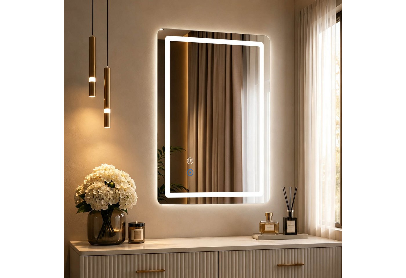 SaniteModar Badspiegel mit doppelten LED-Lichtleisten, dimmbar, Antibeschlagfunktion (1-St), LED Badezimmerspiegel mit dreifarbigem Licht, 50 × 70 cm Bild 4