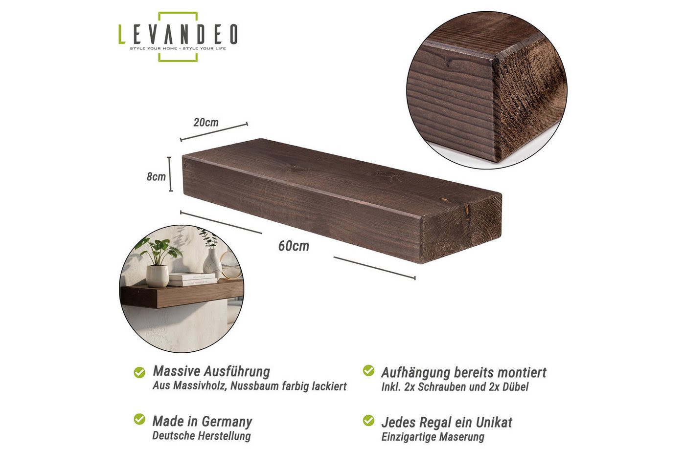 Levandeo® Wandregal, levandeo Wandregal Holz Massiv 60x20cm Nussbaum Farbig Wandboard