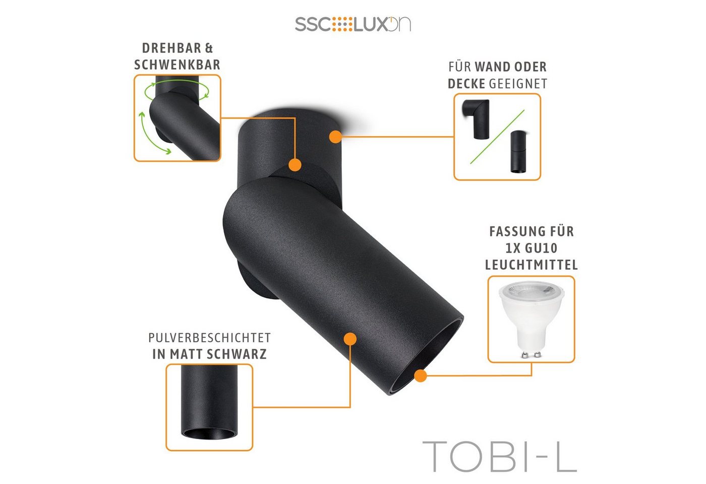 SSC-LUXon Aufbauleuchte Schwenkbare Aufbauleuchte TOBI-L in schwarz fuer Decken & Waende Bild 5