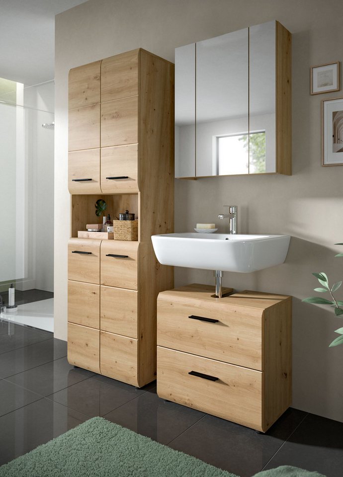 Inn.Furn Badezimmerspiegelschrank Cover (Badschrank in Artisan Eiche, 3-türig / 3D, 60 x 70 cm) mit 9 Fächern