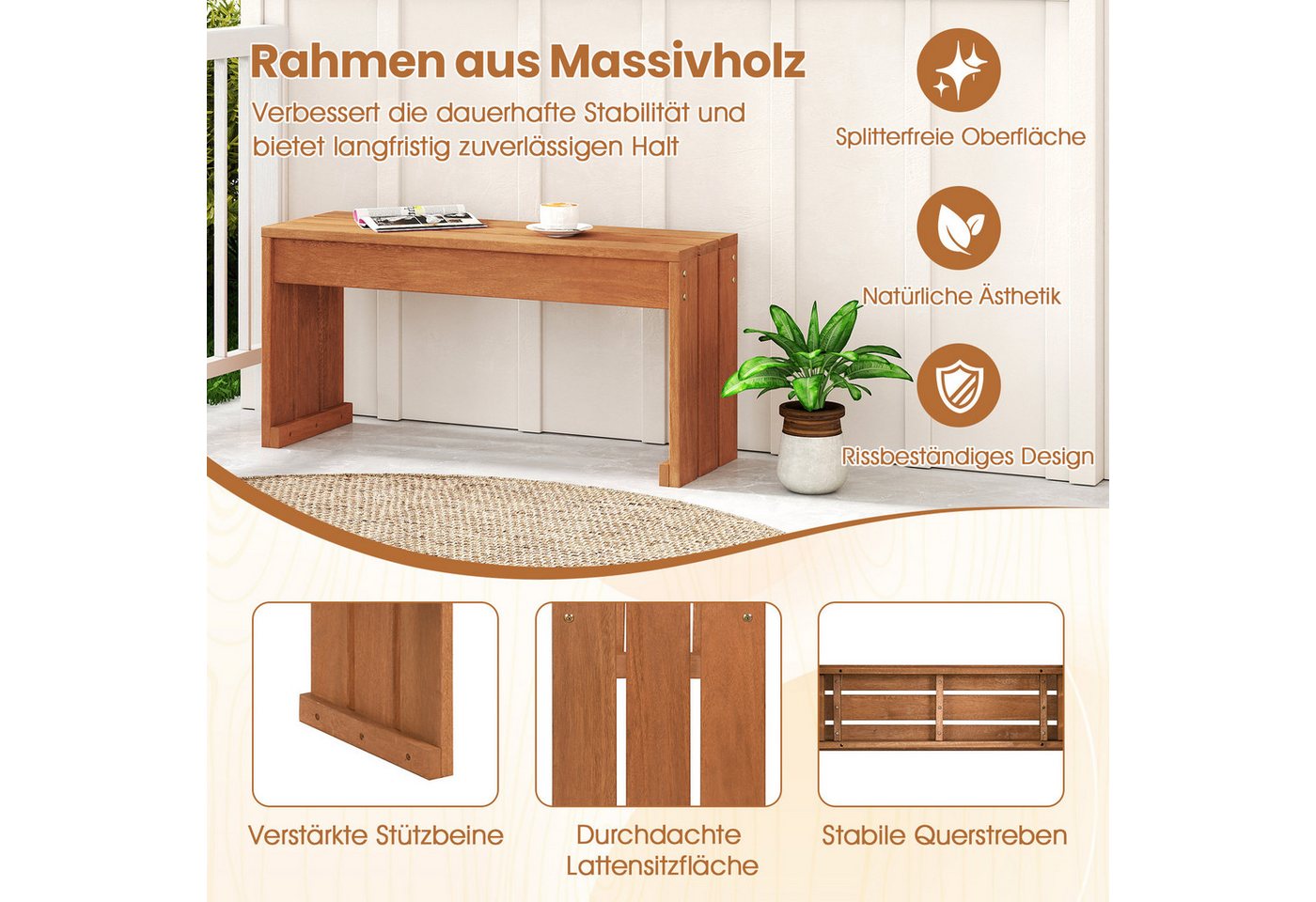 COSTWAY Gartenbank, ohne Lehne, Sitzbank Holz Wetterfest 90 x 30 x 44 cm Bild 2