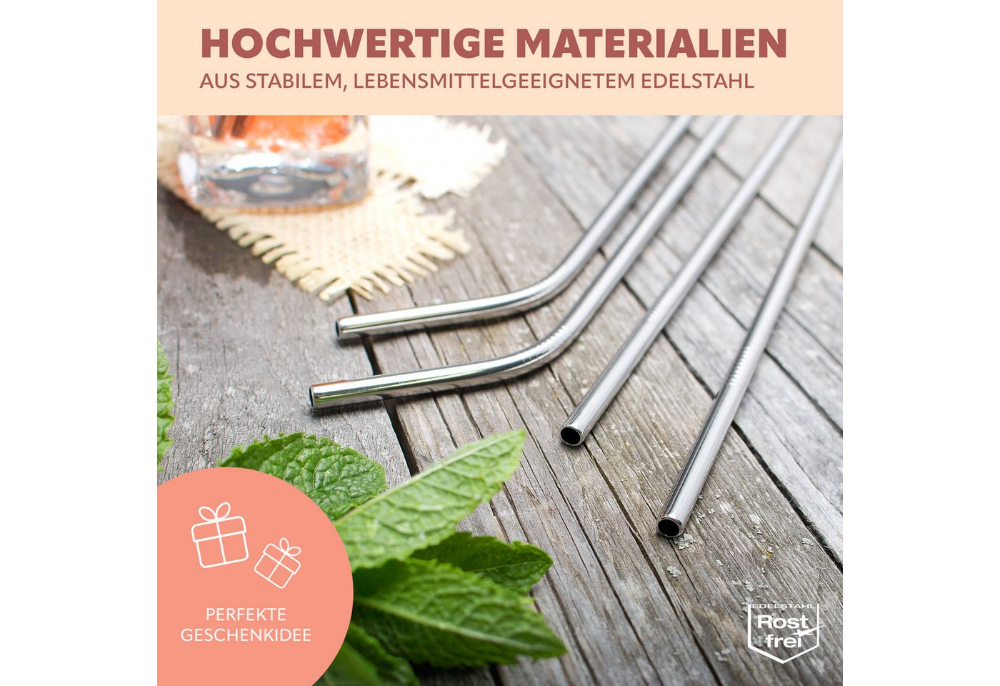 bremermann Trinkhalme 8er Edelstahl-Trinkhalme, 26,5 cm Länge, wiederverwendbar, (8-tlg), 4x gebogen, 4x gerade, inkl. 2 Reinigungsbürsten