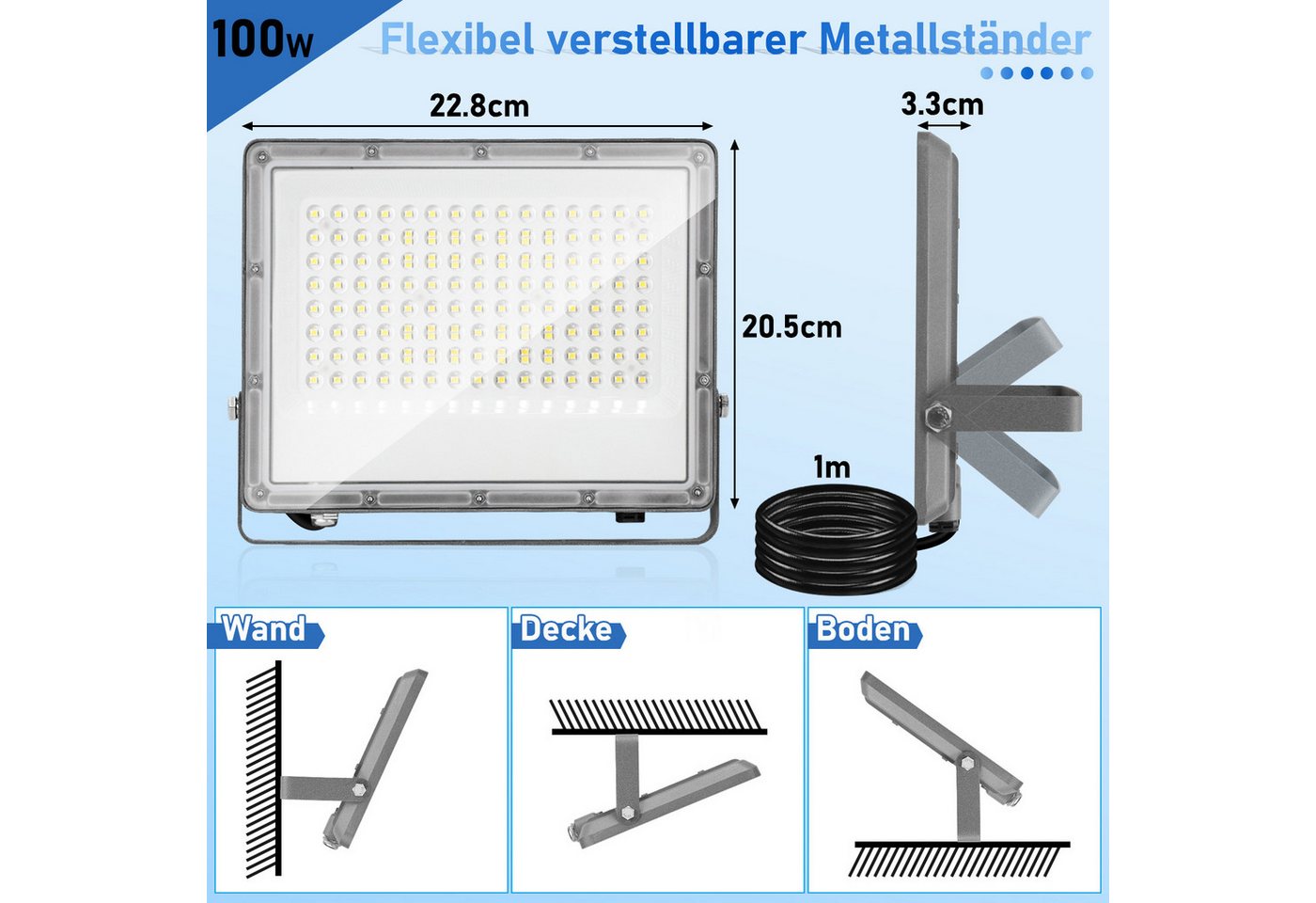 Clanmacy Flutlichtstrahler LED Flutlichtstrahler 100W Außenbeleuchtung Floodlight LED, Außenstrahler, Kaltweiß