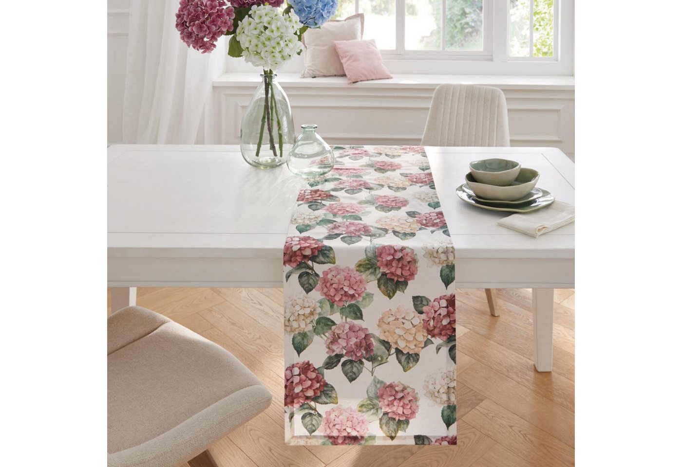 Home-trends24.de Tischläufer Hortensien Tischläufer Tischdecke Blumen Tisch Deko 40 x 140 cm (1-tlg) Bild 2