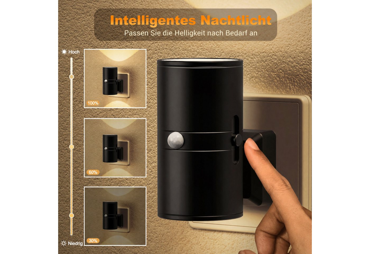LOHAS-LED LED Nachtlicht Zylinder Steckdose mit Bewegungsmelder, LED fest integriert, Warmweiß, Stufenlos dimmbar, 3000 K Licht mit 3 Betriebsmodi Bild 3