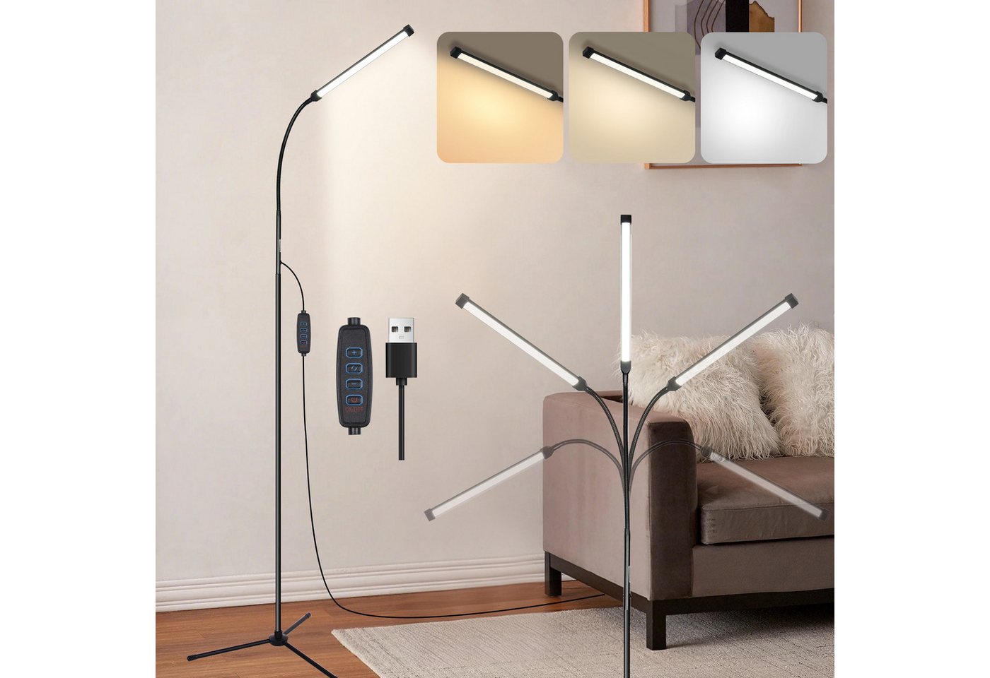 MUPOO LED Stehlampe Stehleuchte LED Stehlampe dimmbar, mit flexiblem Schwanenhals & 3 Farben, 3000K/4000K/6000K