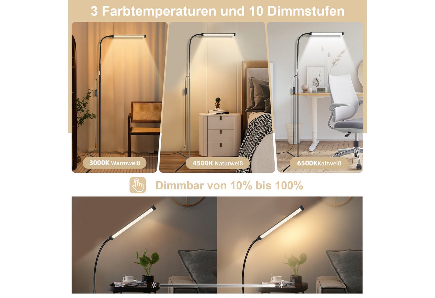MUPOO LED Stehlampe Stehleuchte LED Stehlampe dimmbar, mit flexiblem Schwanenhals & 3 Farben, 3000K/4000K/6000K Bild 2