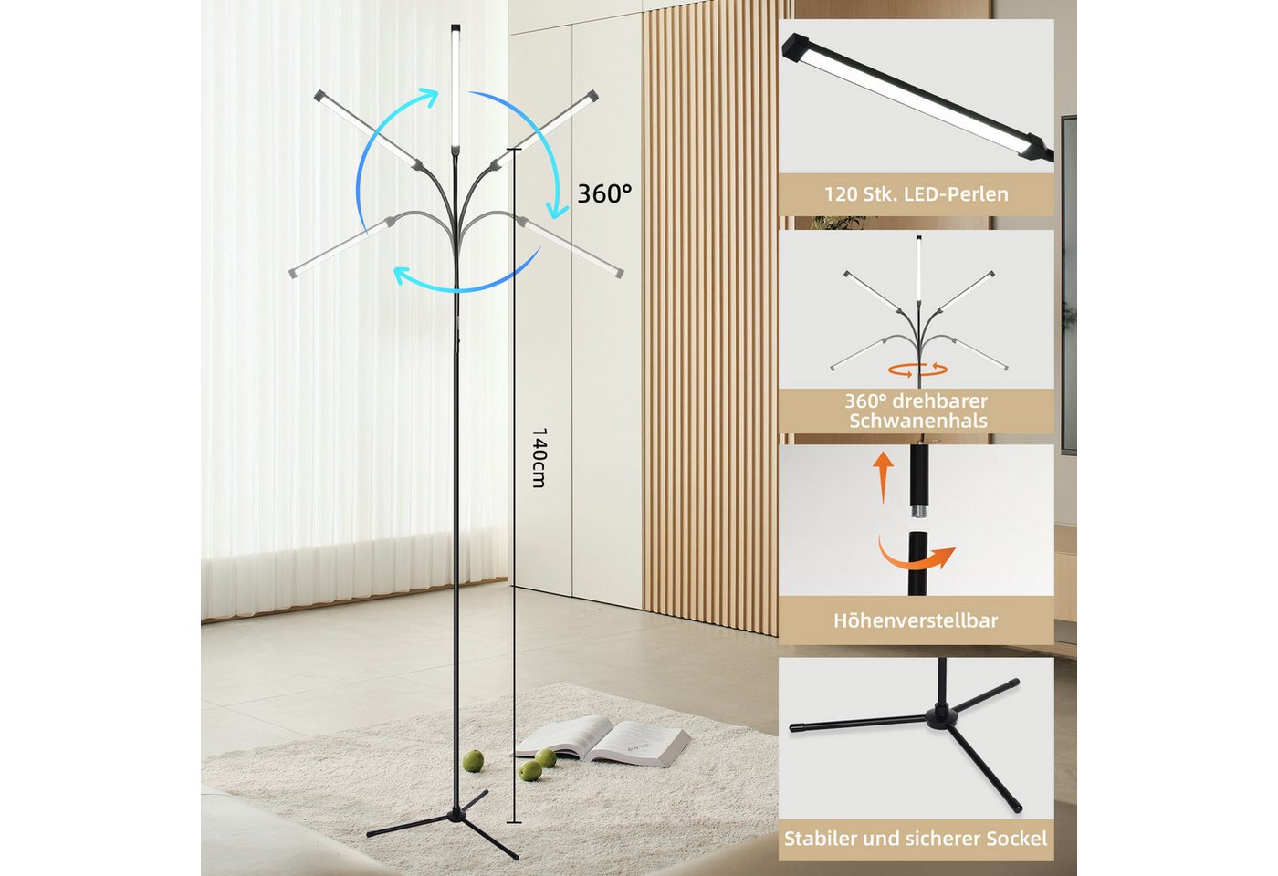 MUPOO LED Stehlampe Stehleuchte LED Stehlampe dimmbar, mit flexiblem Schwanenhals & 3 Farben, 3000K/4000K/6000K Bild 5