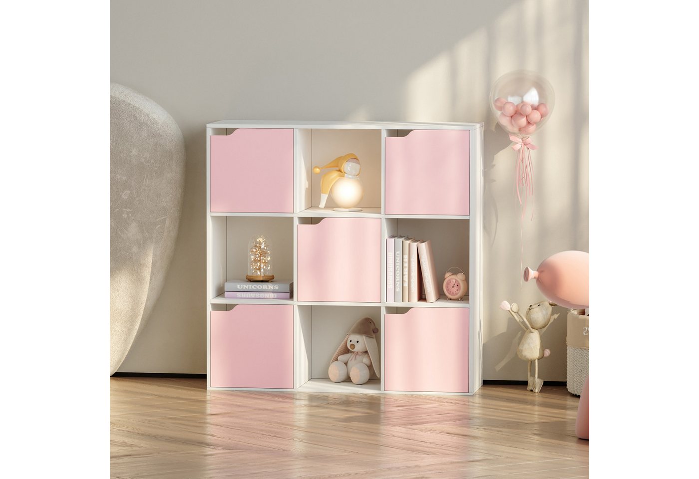 en.casa Kinderregal, »Ljunshund« mit 9 Fächern Würfel 90x90x30 cm Weiß/Rosa Bild 3