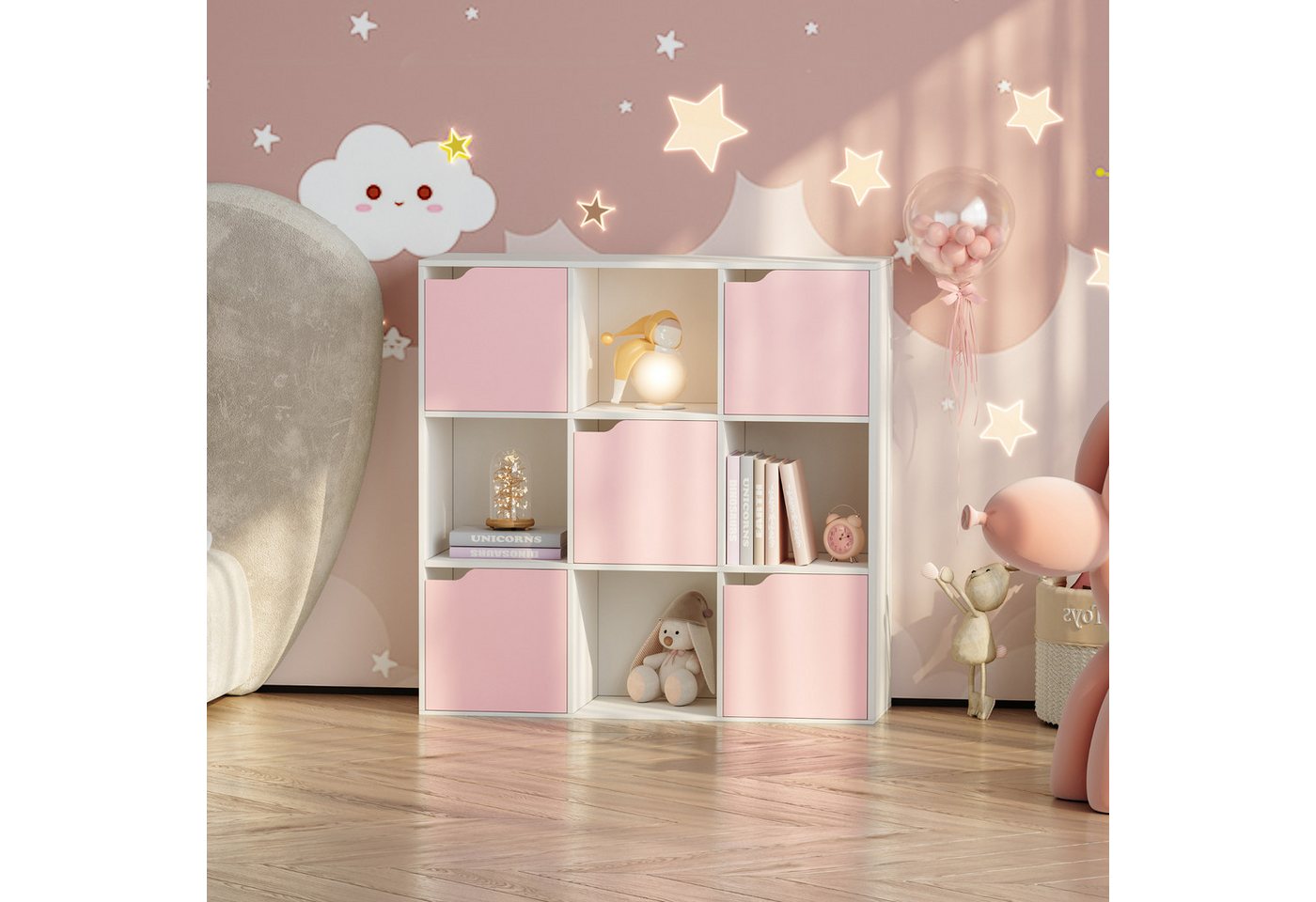 en.casa Kinderregal, »Ljunshund« mit 9 Fächern Würfel 90x90x30 cm Weiß/Rosa Bild 4