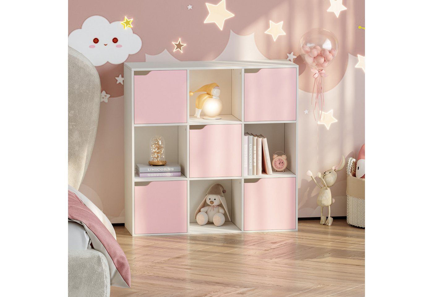 en.casa Kinderregal, »Ljunshund« mit 9 Fächern Würfel 90x90x30 cm Weiß/Rosa Bild 5