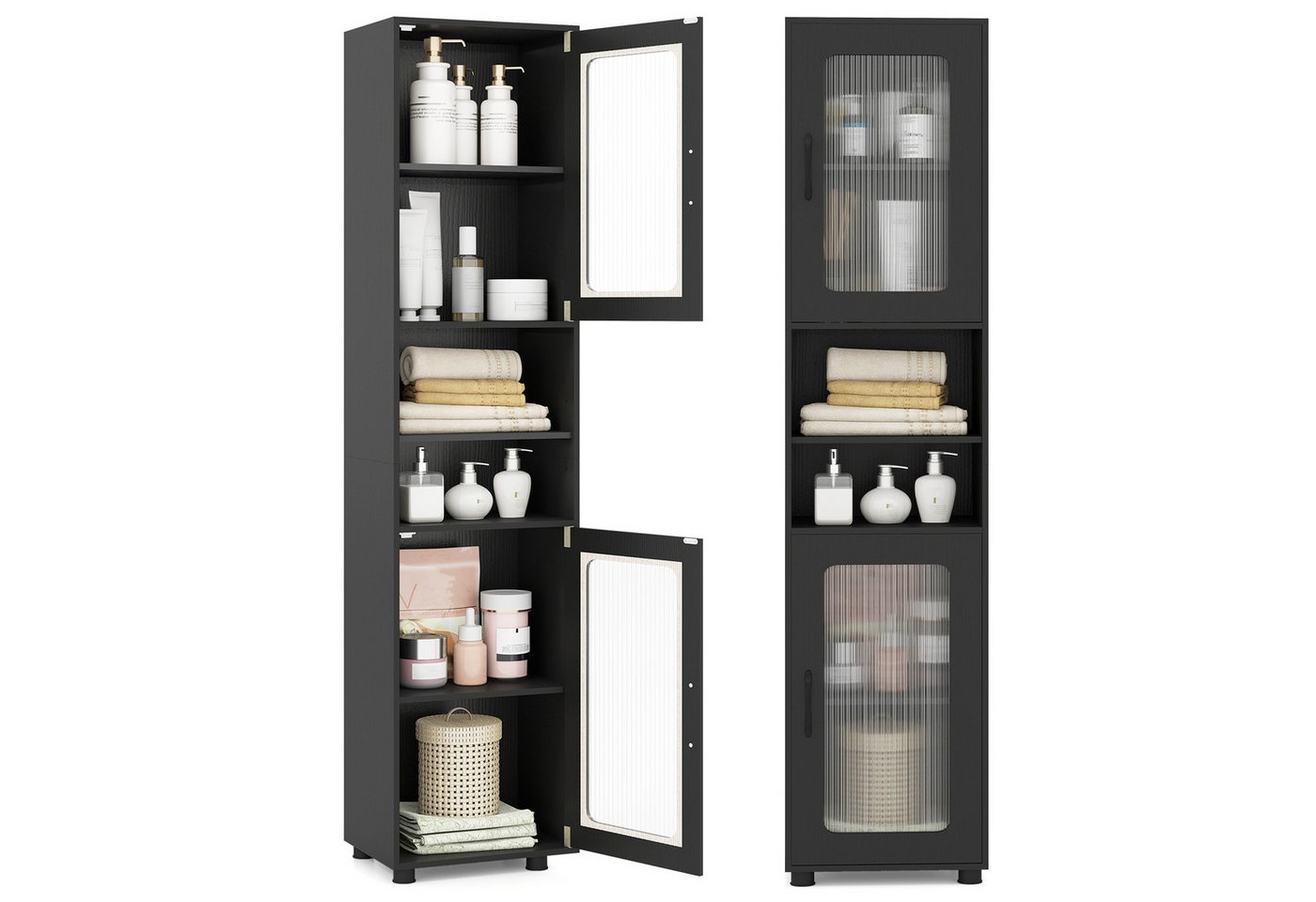COSTWAY Badkommode, Hochschrank Badezimmer mit 2 Glastüren 170cm weiß Bild 3