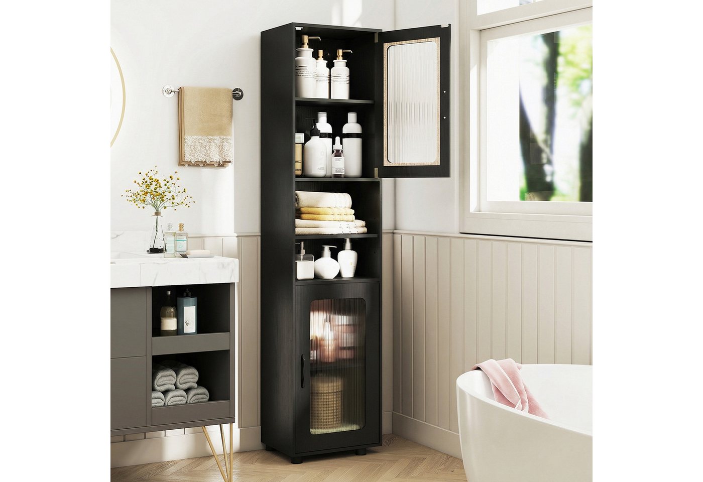 COSTWAY Badkommode, Hochschrank Badezimmer mit 2 Glastüren 170cm weiß Bild 4