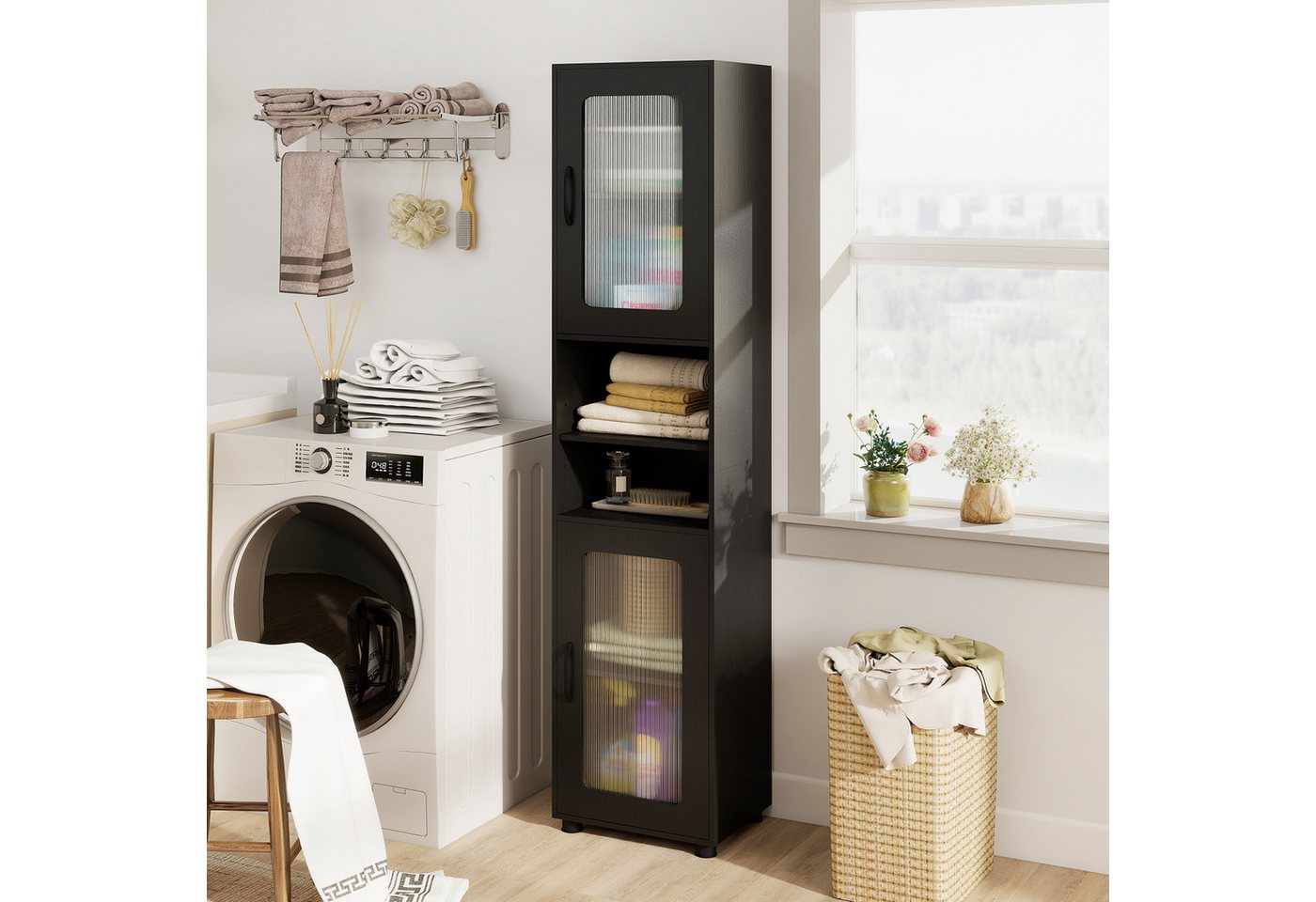 COSTWAY Badkommode, Hochschrank Badezimmer mit 2 Glastüren 170cm weiß Bild 5