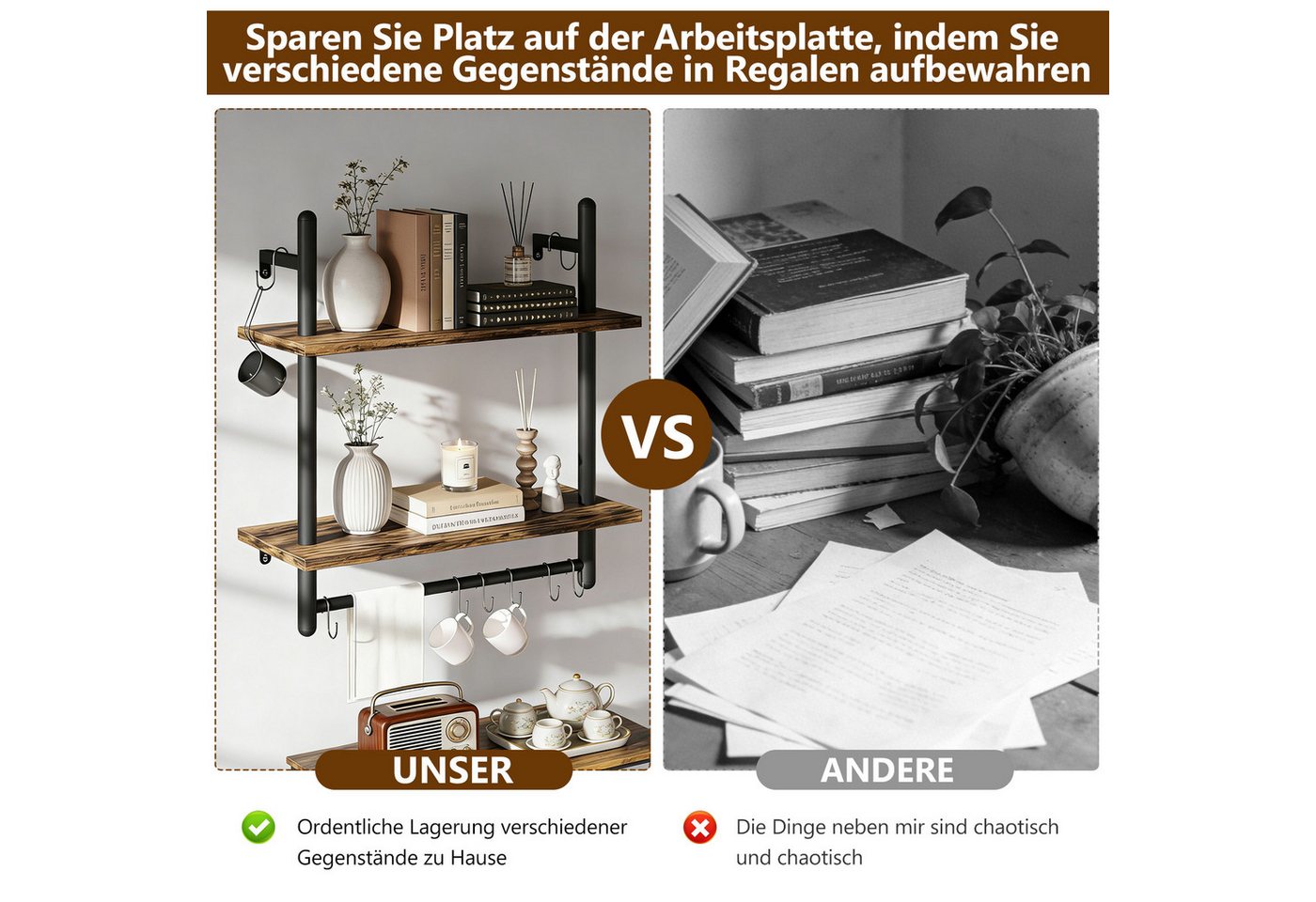BlingBin Wandregal 2-stufiges schwebendes Rohrregal, Küchenregal mit Rundrohr und Haken, Industrial Regal 1-tlg., Schweberegal, Gewürzregal, Holzregal für Dekoration und Aufbewahrung