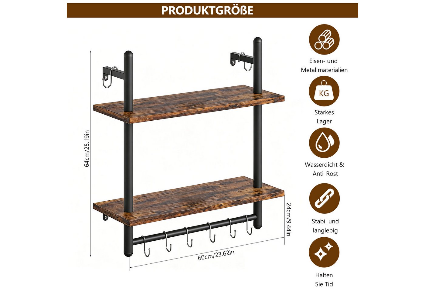 BlingBin Wandregal 2-stufiges schwebendes Rohrregal, Küchenregal mit Rundrohr und Haken, Industrial Regal 1-tlg., Schweberegal, Gewürzregal, Holzregal für Dekoration und Aufbewahrung Bild 2