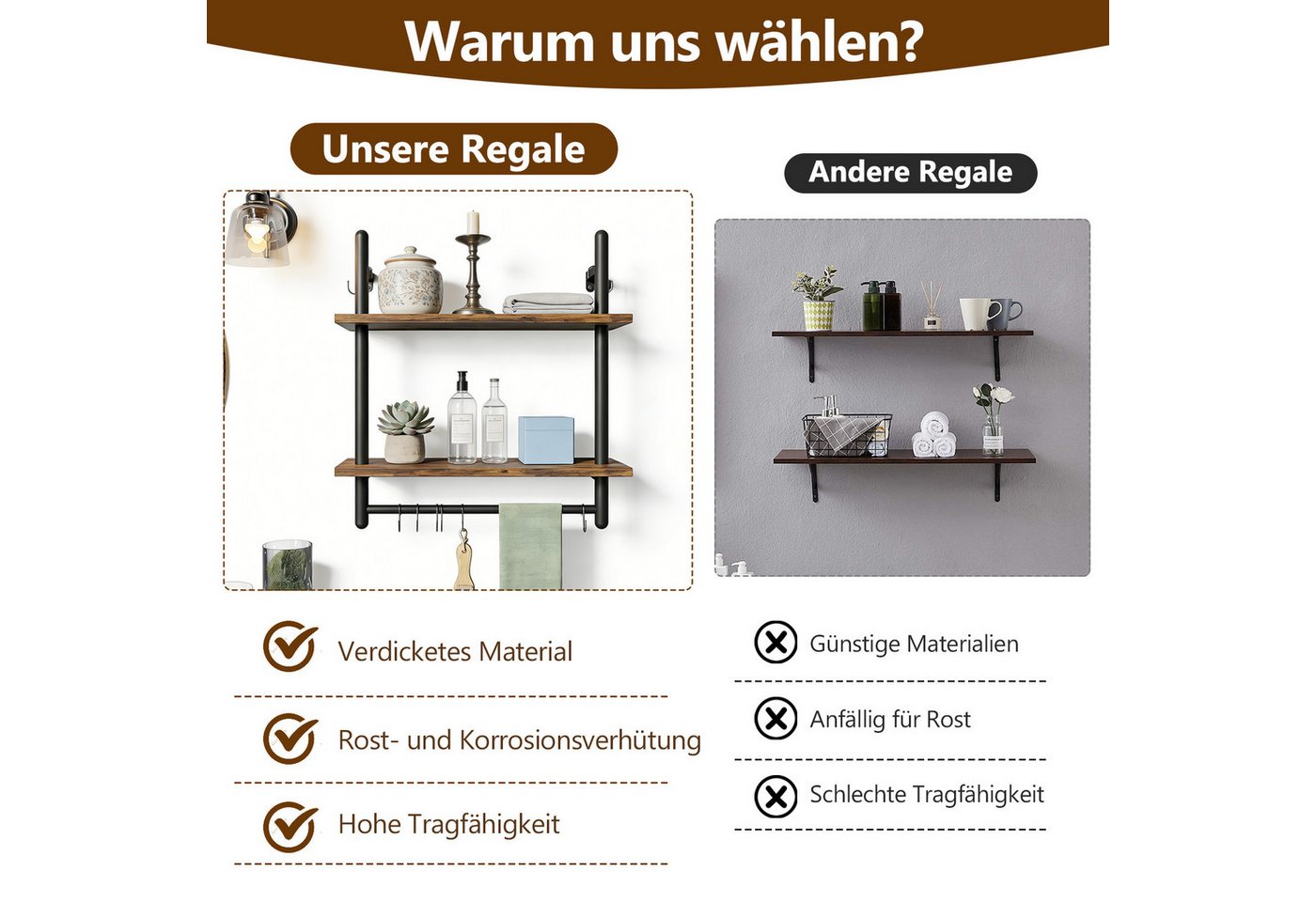 BlingBin Wandregal 2-stufiges schwebendes Rohrregal, Küchenregal mit Rundrohr und Haken, Industrial Regal 1-tlg., Schweberegal, Gewürzregal, Holzregal für Dekoration und Aufbewahrung Bild 3