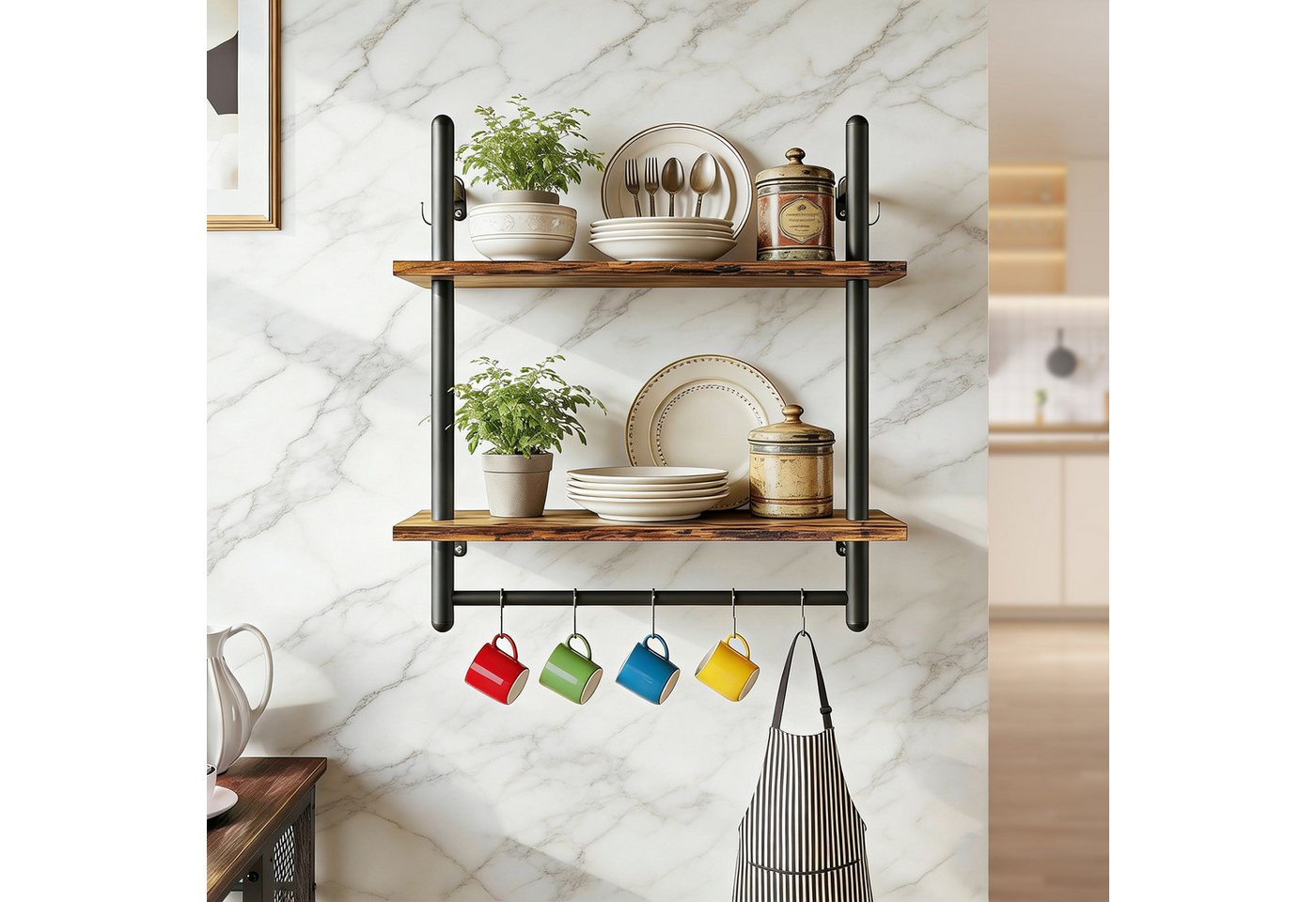 BlingBin Wandregal 2-stufiges schwebendes Rohrregal, Küchenregal mit Rundrohr und Haken, Industrial Regal 1-tlg., Schweberegal, Gewürzregal, Holzregal für Dekoration und Aufbewahrung Bild 5