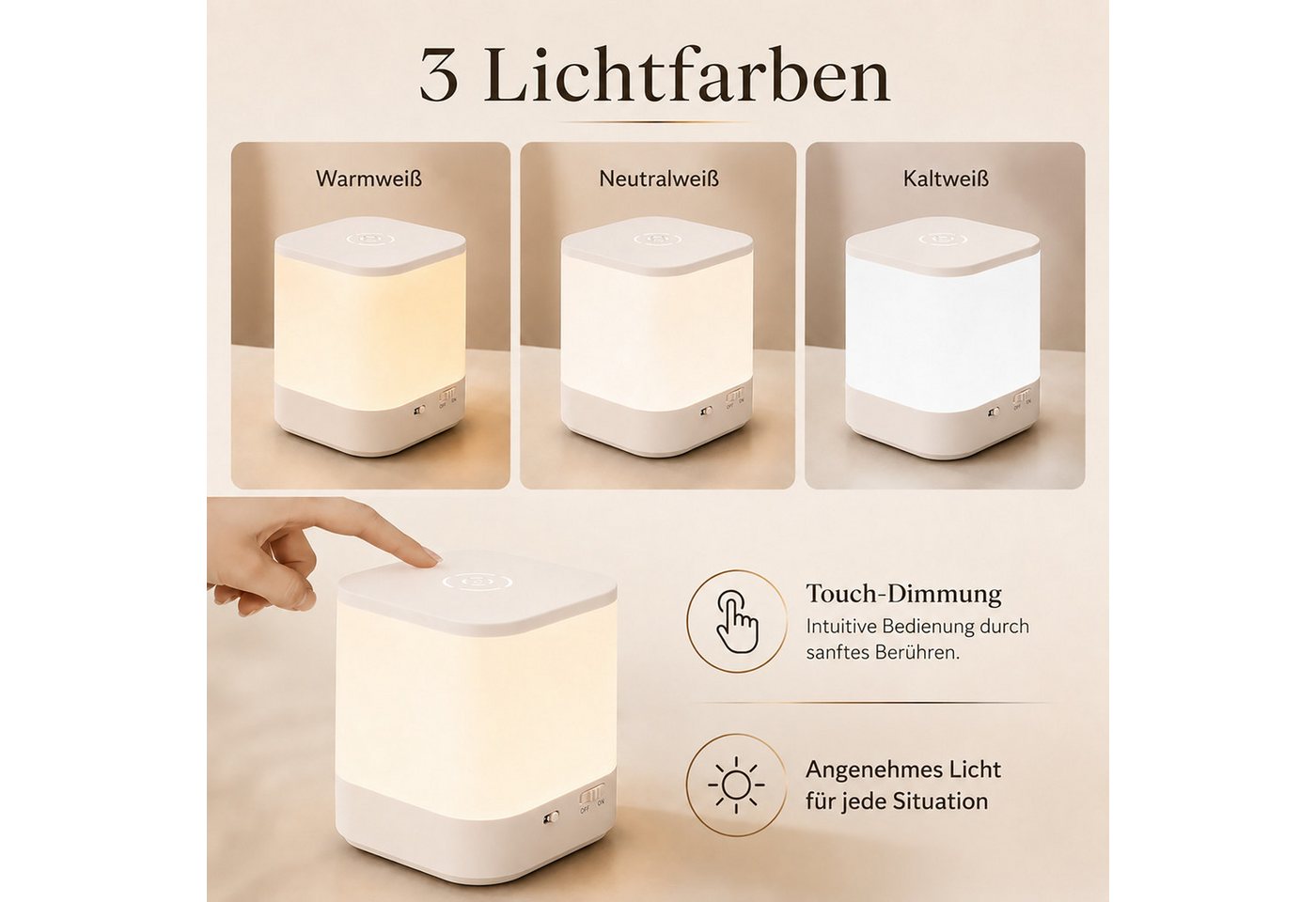 Vornix LED Nachtlicht LED Tischlampe Nachttischlampe, 3 Lichtfarben, Touch & Fernbedienung, Weißes Licht, warmes Licht, neutrales Licht, USB-Aufladung, mit Fernbedienung und Touch-Sensor,für Kinder/Erwachsene Bild 3