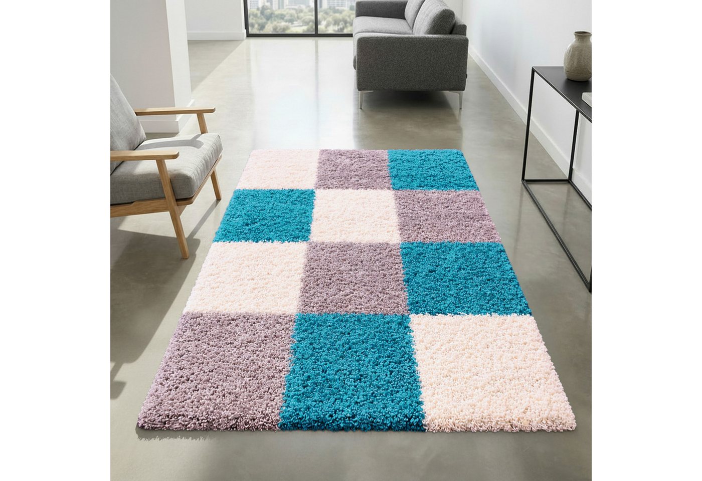 Carpetia Teppich Shaggy Teppich Türkis Grau Creme Hochflor modernes Karomuster, rechteckig, Höhe: 30 mm Bild 3