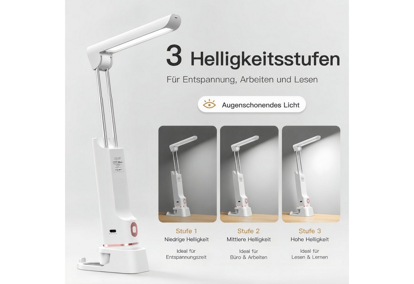ibettertec Schreibtischlampe LED Tischlampe mit Taschenlampe D12, 5000mAh Akku, Schreibtischlampe, 3 Helligkeitsstufen, Powerbank, USB-C, verstellbar Bild 3