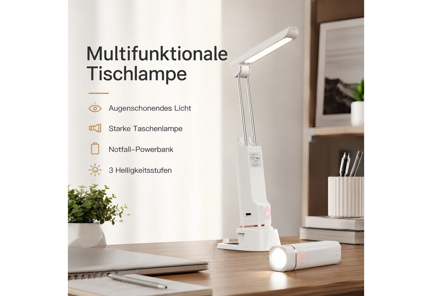 ibettertec Schreibtischlampe LED Tischlampe mit Taschenlampe D12, 5000mAh Akku, Schreibtischlampe, 3 Helligkeitsstufen, Powerbank, USB-C, verstellbar Bild 5