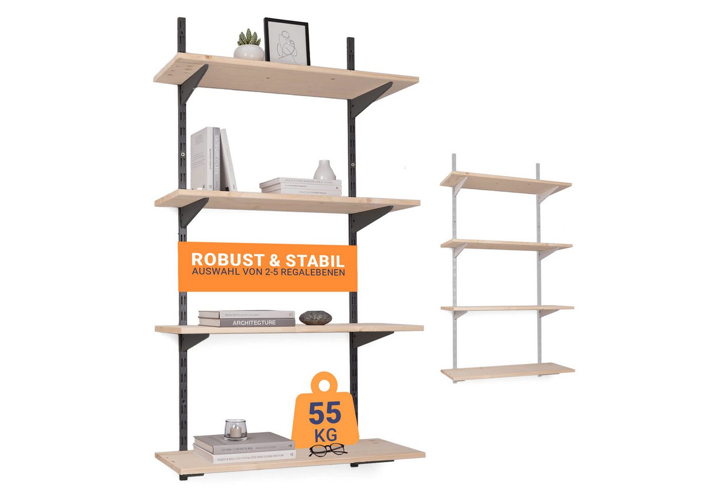 BOOMET Wandregal Metall Regal mit Fichtenböden · Regalsystem in 50 Größen ·, 80 15-tlg., Bausatz · Wandschienen Regalsystem · Regalträger Schienensystem