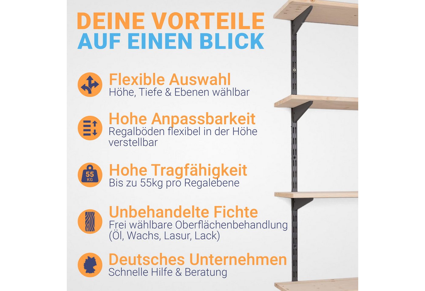 BOOMET Wandregal Metall Regal mit Fichtenböden · Regalsystem in 50 Größen ·, 80 15-tlg., Bausatz · Wandschienen Regalsystem · Regalträger Schienensystem Bild 2