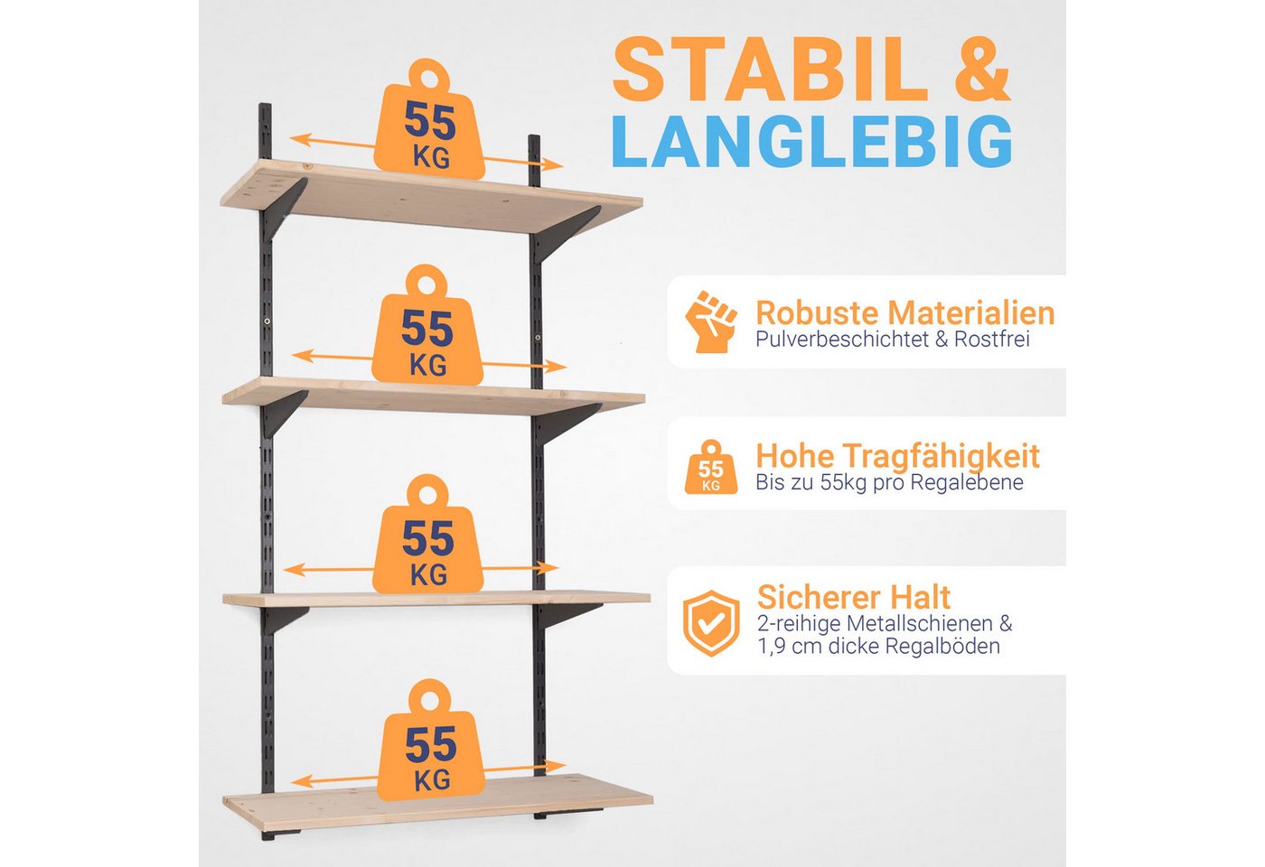 BOOMET Wandregal Metall Regal mit Fichtenböden · Regalsystem in 50 Größen ·, 80 15-tlg., Bausatz · Wandschienen Regalsystem · Regalträger Schienensystem Bild 3