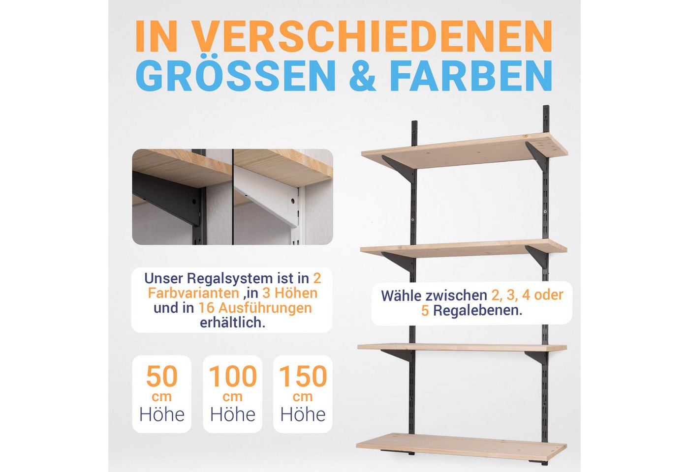 BOOMET Wandregal Metall Regal mit Fichtenböden · Regalsystem in 50 Größen ·, 80 15-tlg., Bausatz · Wandschienen Regalsystem · Regalträger Schienensystem Bild 4