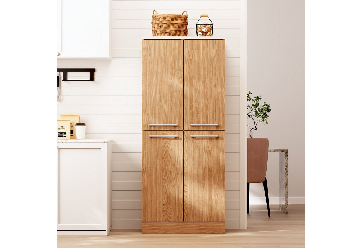 MODFU Küchenbuffet 76x180x42 cm Geräumiger Vorratsschrank mit stabilen Metallgriffen (Packung, 1-St., Pantryschrank in Eichenfarbe, 4 Türen, verstellbare Einlegeböden) Inkl. Kippsicherung, ideal für Küche, Speisekammer & Esszimmer