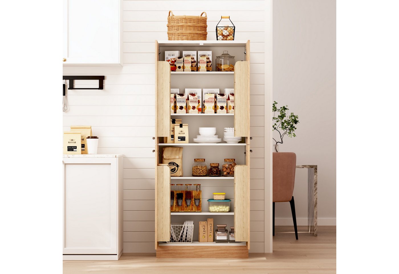 MODFU Küchenbuffet 76x180x42 cm Geräumiger Vorratsschrank mit stabilen Metallgriffen (Packung, 1-St., Pantryschrank in Eichenfarbe, 4 Türen, verstellbare Einlegeböden) Inkl. Kippsicherung, ideal für Küche, Speisekammer & Esszimmer Bild 2