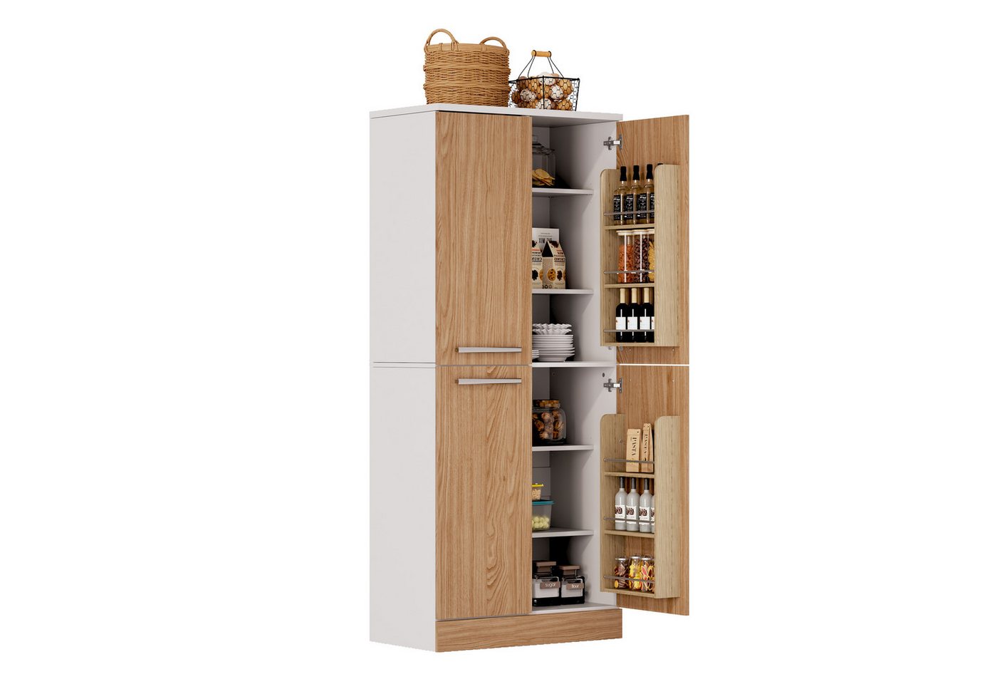 MODFU Küchenbuffet 76x180x42 cm Geräumiger Vorratsschrank mit stabilen Metallgriffen (Packung, 1-St., Pantryschrank in Eichenfarbe, 4 Türen, verstellbare Einlegeböden) Inkl. Kippsicherung, ideal für Küche, Speisekammer & Esszimmer Bild 3