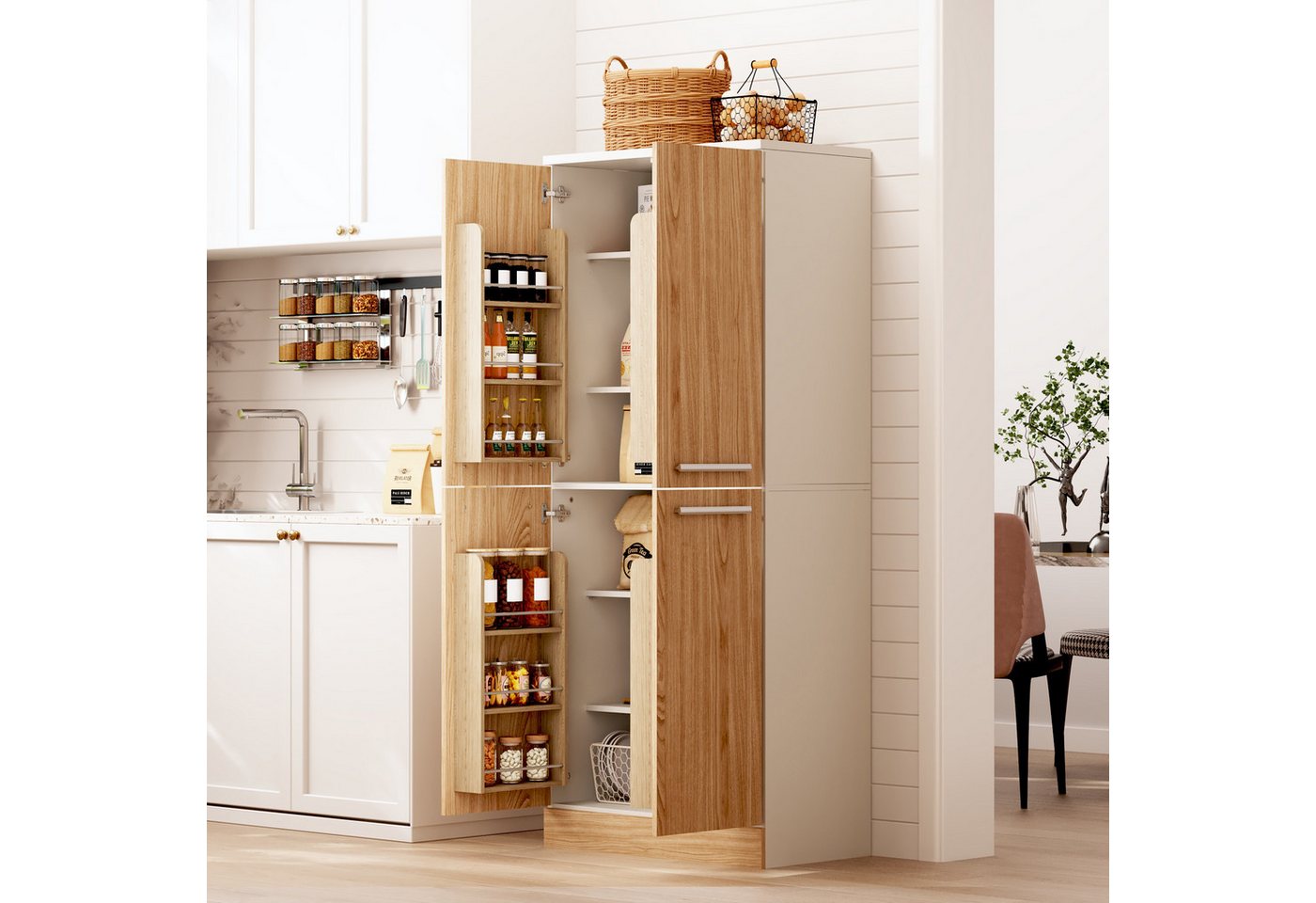 MODFU Küchenbuffet 76x180x42 cm Geräumiger Vorratsschrank mit stabilen Metallgriffen (Packung, 1-St., Pantryschrank in Eichenfarbe, 4 Türen, verstellbare Einlegeböden) Inkl. Kippsicherung, ideal für Küche, Speisekammer & Esszimmer Bild 4