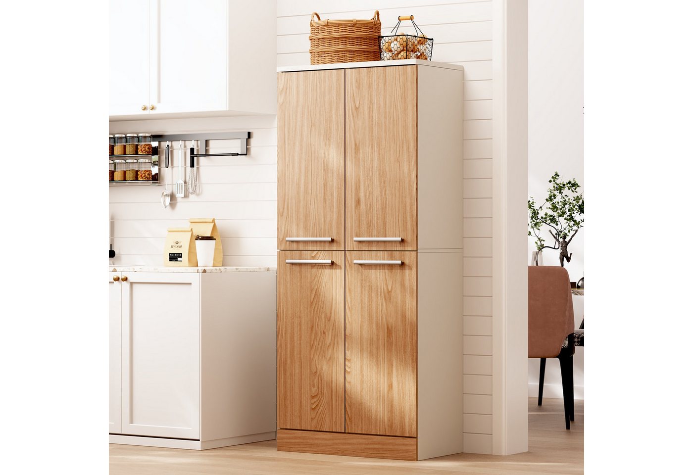 MODFU Küchenbuffet 76x180x42 cm Geräumiger Vorratsschrank mit stabilen Metallgriffen (Packung, 1-St., Pantryschrank in Eichenfarbe, 4 Türen, verstellbare Einlegeböden) Inkl. Kippsicherung, ideal für Küche, Speisekammer & Esszimmer Bild 5