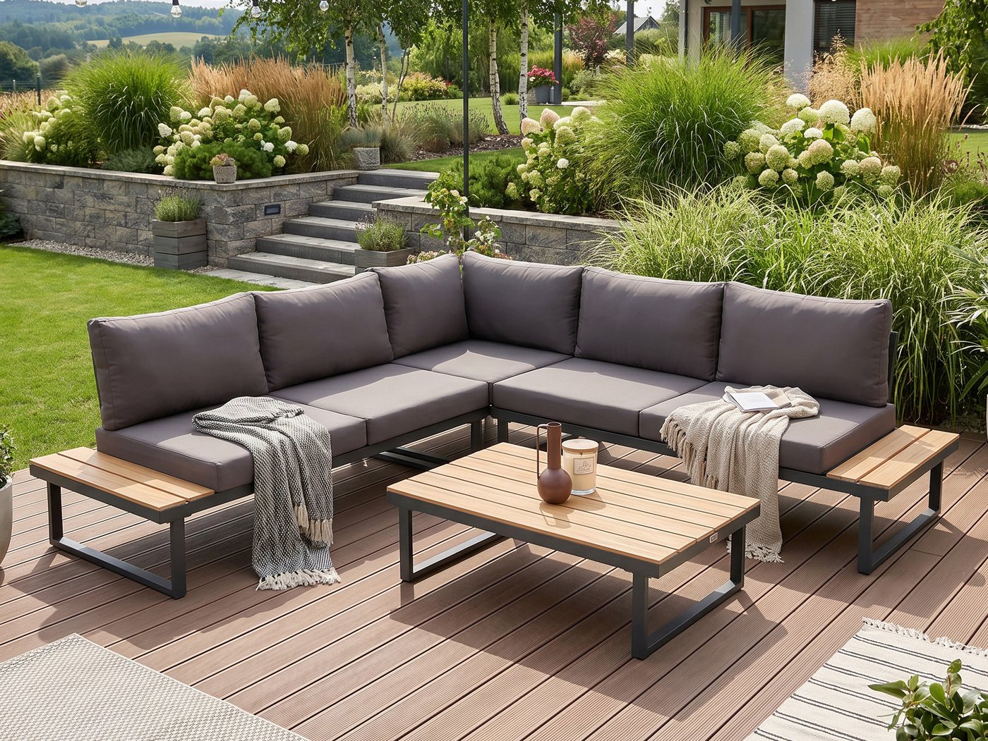 Beautysofa Gartenlounge-Set MADISON modulare Ecklounge mit Gartentisch, (Stahlgestell, Polywood-Elemente, 4-tlg., 2 Sofas, 1 Eckmodul, 1 Couchtisch), Maße 219,5 × 219,5 × 64 cm Bild 2