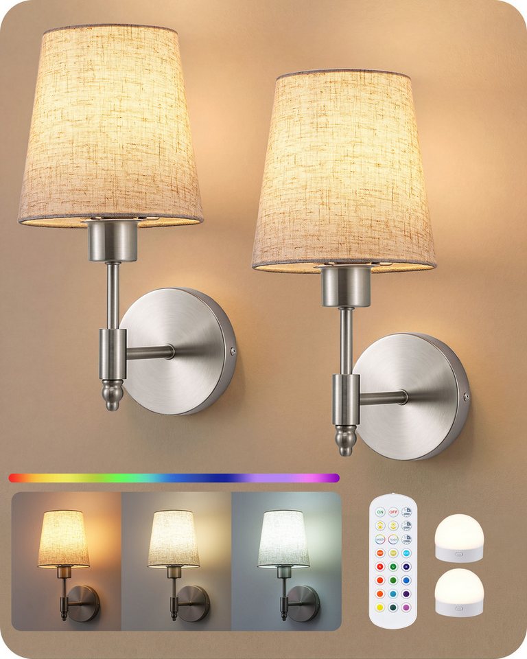 EDISHINE Wandleuchte 2er Set Akku Wandleuchten Innen mit Fernbedienung, 12 Farben RGB, LED wechselbar, 3000K-6500K, magnetische LED-Wandleuchten, 3000-6500K dimmbar, Timer