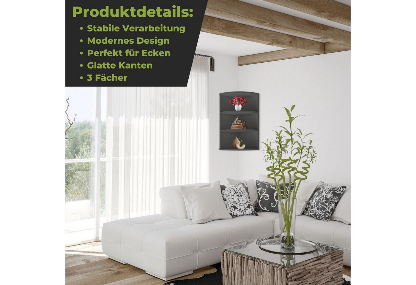 Mein-Regal Standregal CORNER 60, Anthrazit Eckregal 30x30x60cm Holz 3 Fächer Deko Bücherregal Wandregal