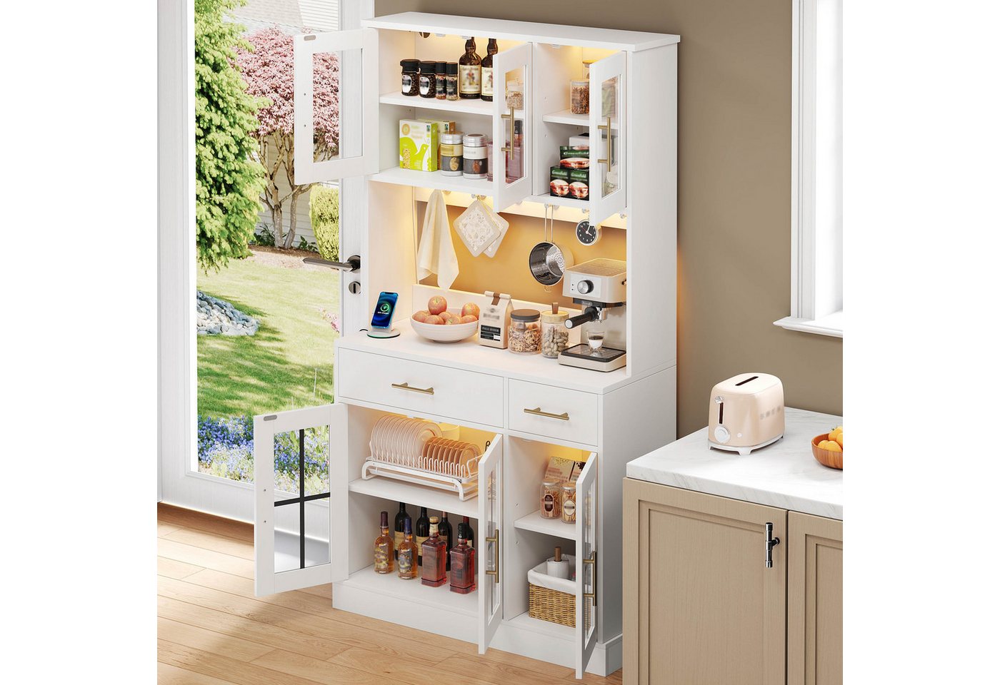 Ulife Küchenbuffet Küchen-Anrichte mit LED und Steckdose, 6 Türen, 2 Schubladen (1-St) Landhausstil, verstellbare Böden, goldene Griffe, weiß 180×100 cm