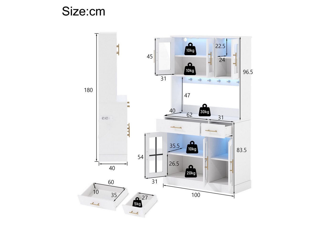 Ulife Küchenbuffet Küchen-Anrichte mit LED und Steckdose, 6 Türen, 2 Schubladen (1-St) Landhausstil, verstellbare Böden, goldene Griffe, weiß 180×100 cm Bild 2