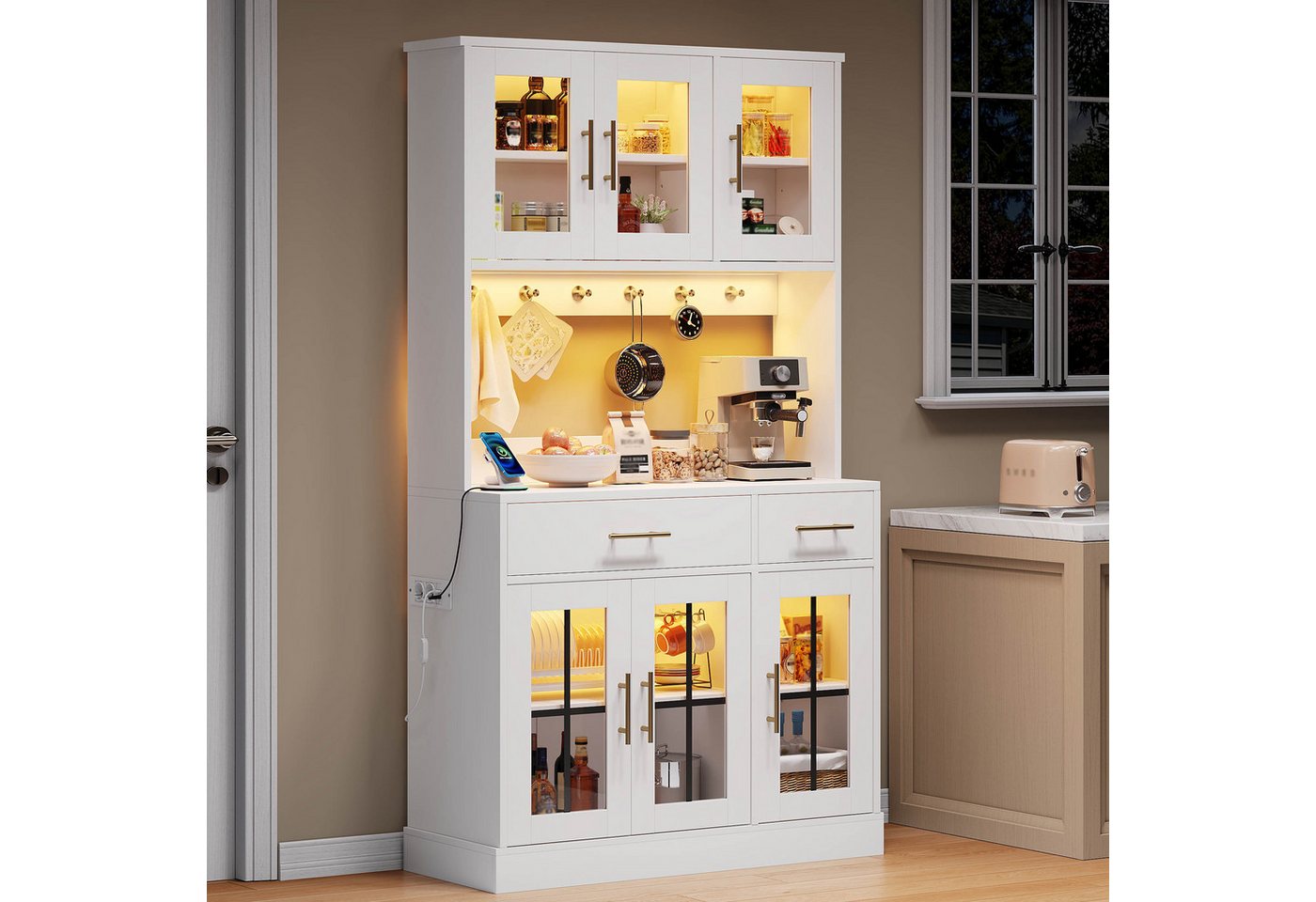 Ulife Küchenbuffet Küchen-Anrichte mit LED und Steckdose, 6 Türen, 2 Schubladen (1-St) Landhausstil, verstellbare Böden, goldene Griffe, weiß 180×100 cm Bild 3