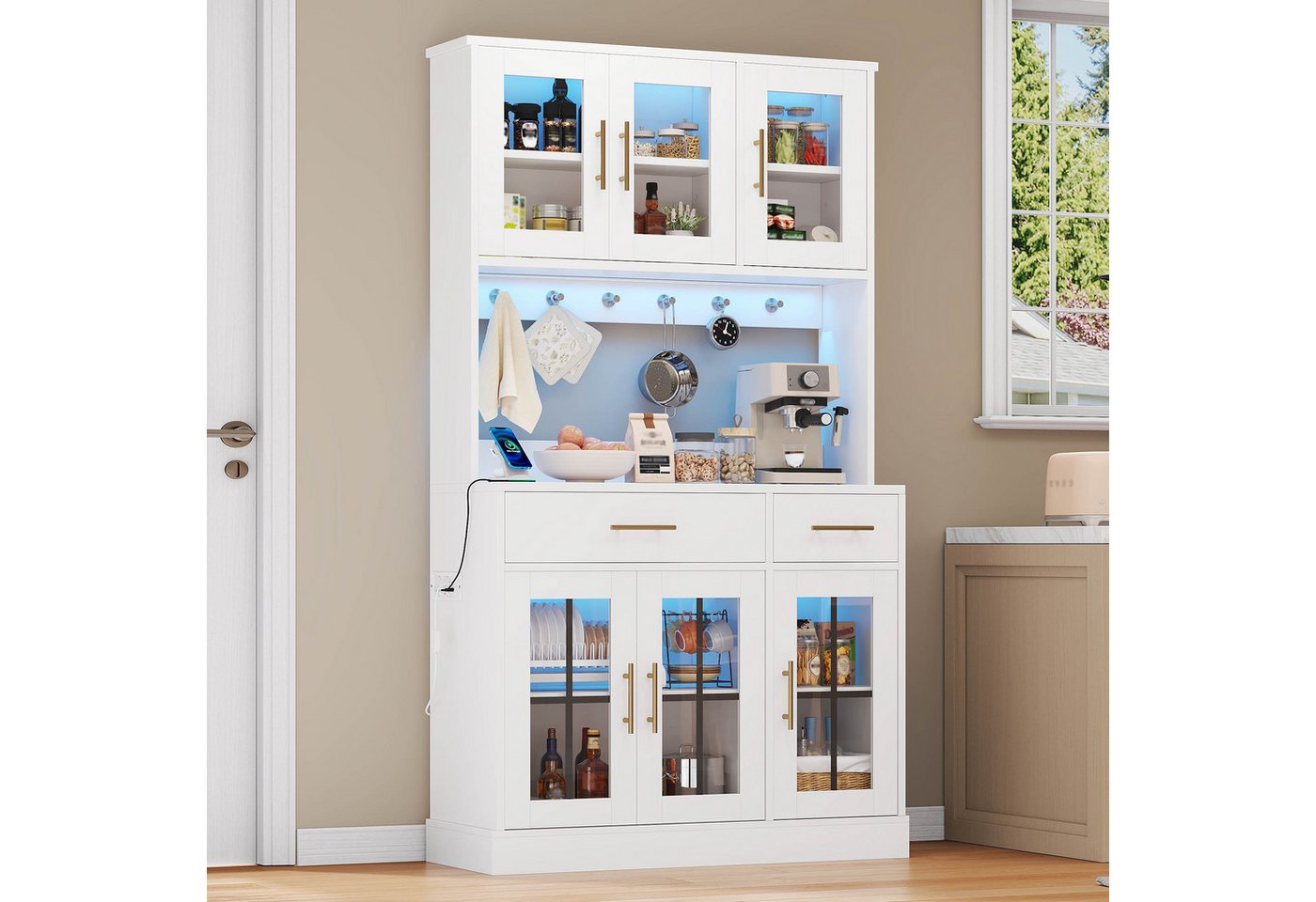 Ulife Küchenbuffet Küchen-Anrichte mit LED und Steckdose, 6 Türen, 2 Schubladen (1-St) Landhausstil, verstellbare Böden, goldene Griffe, weiß 180×100 cm Bild 4
